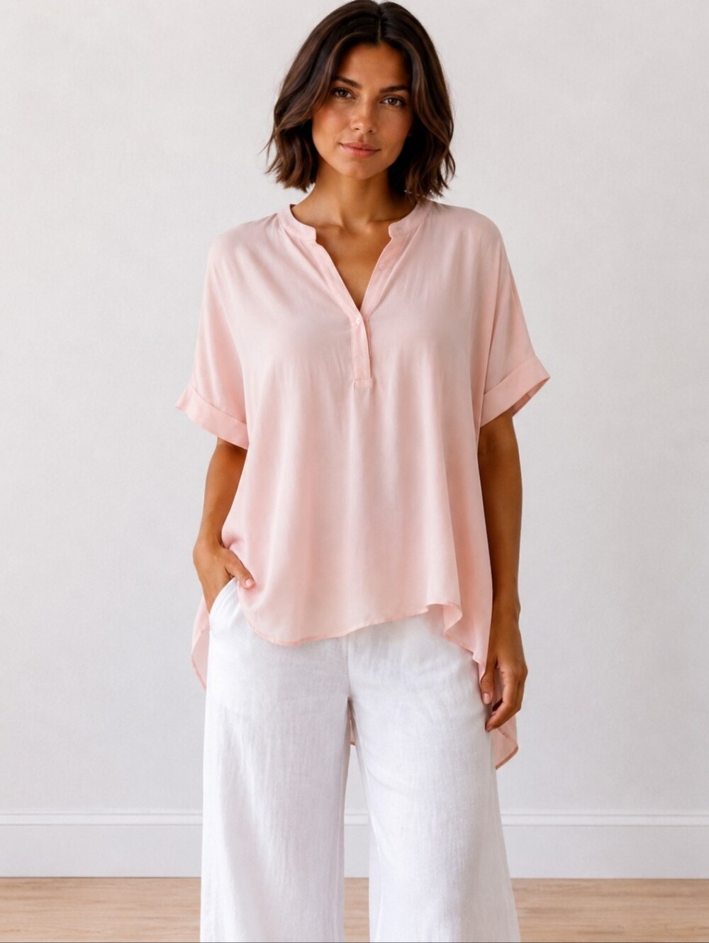 Monk & Lou | Blush Pink High-Low Flowy Crepe Blouse | Oversized Fit